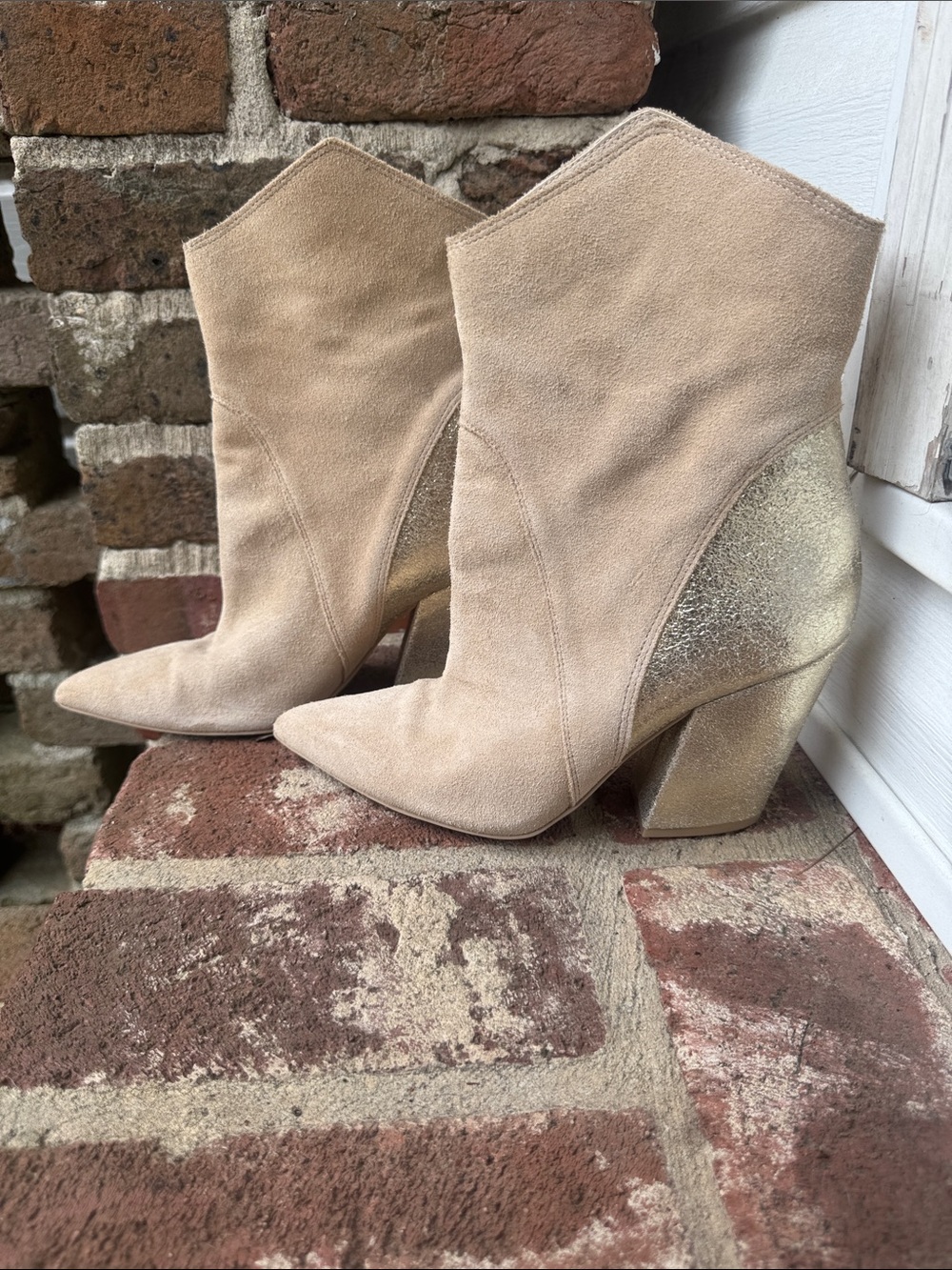 Dolce Vita Suede Western Ankle Boots with Metallic Gold Block Heel - Size 9